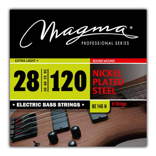 Set Cuerdas Bajo Electrico Magma Extra Light+ - Nickel Plated Steel Round Wound - Escala Larga 34" 6 Cuerdas Set, .028 - .120 (BE146N) 1 Set