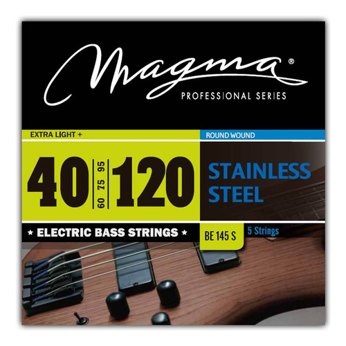 Set Cuerdas Bajo Electrico Magma Extra Light+ - Stainless Steel Round Wound - Escala Larga 34" 5 Cuerdas Set, .040 - .120 (BE145S) 1 Set