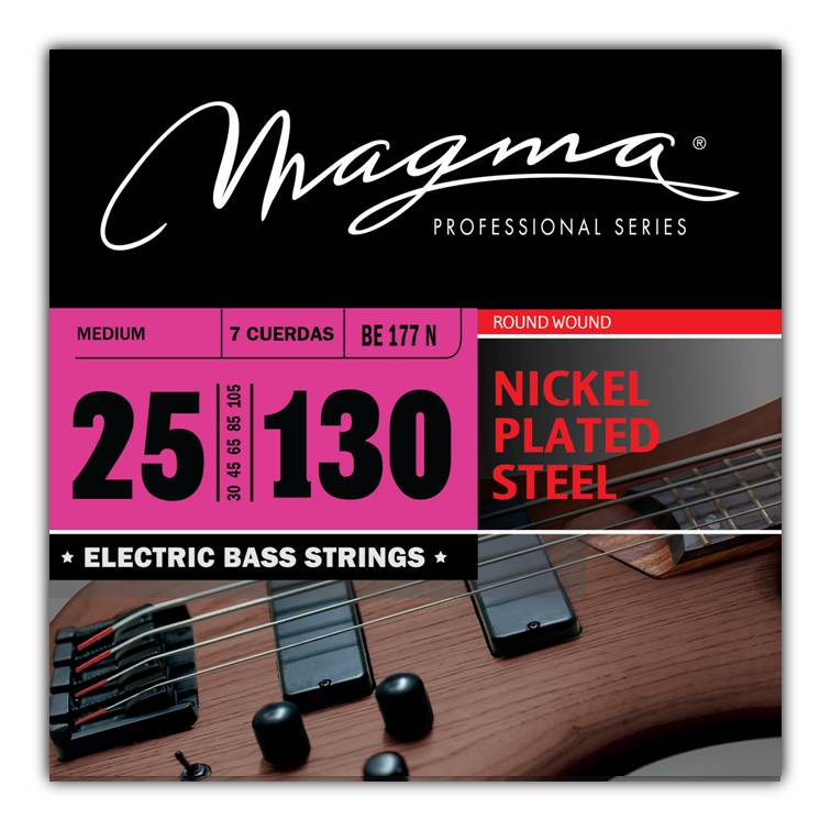 Set Cuerdas Bajo Electrico Magma Medium - Nickel Plated Steel Round Wound - Escala Larga 34" 7 Cuerdas Set, .025 - .130 (BE177N) 1 Set