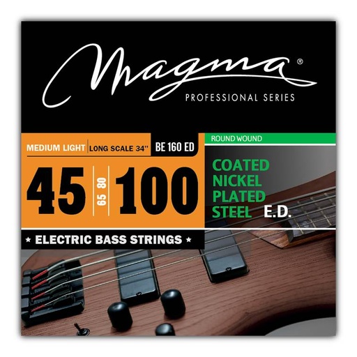 [BE160ED] Set Cuerdas Bajo Electrico Magma Medium Light - COATED Nickel Plated Steel Round Wound - Escala Larga 34" Set, .045 - .100 (BE160ED) 1 Set